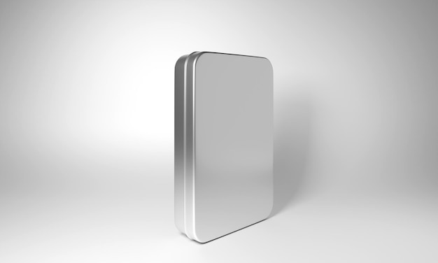 3D rendering of square shaped Tin box on white background.