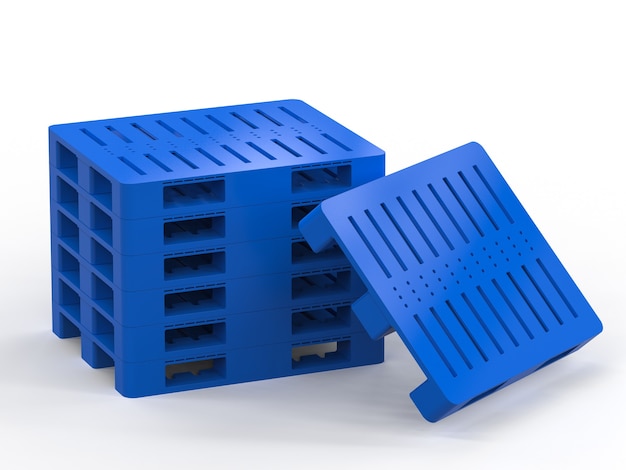 3d rendering stack of blue plastic pallets on white background