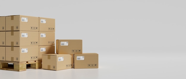 3D rendering, stack of cardboard boxes in the warehouse in white background, 3D illustration