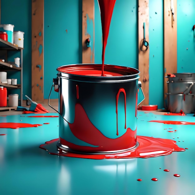 Photo 3d rendering of steel paint bucket with red pouring on cyan surface