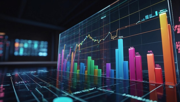 A 3D rendering of a stock market graph with green and red bars