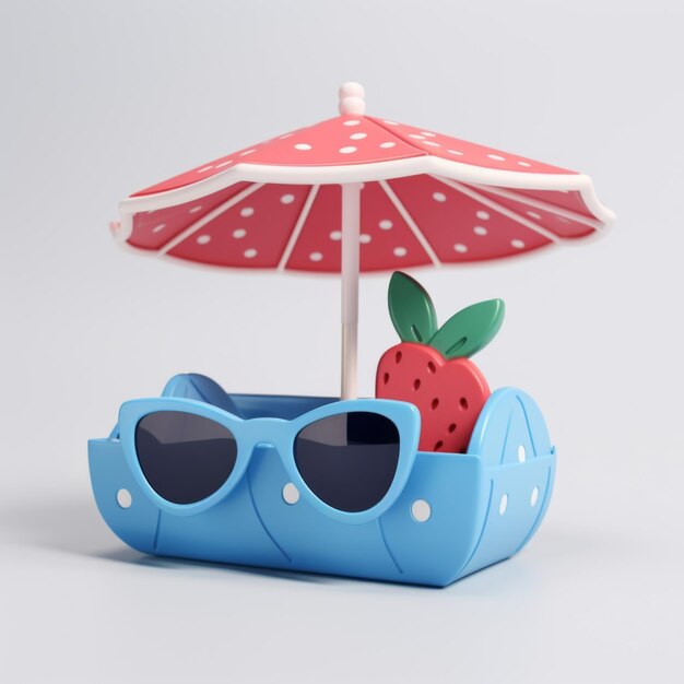 3D rendering of a strawberry with sunglasses under a beach umbrella