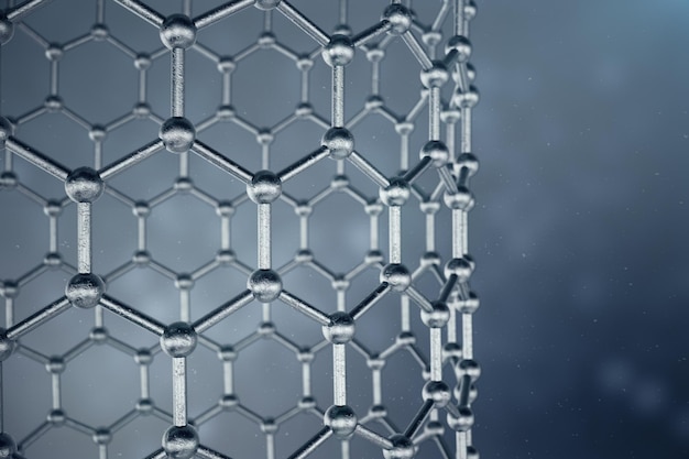 Photo 3d rendering structure of the graphene tube, abstract nanotechnology hexagonal geometric form close-up. graphene atomic structure concept, carbon structure.