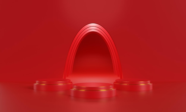 3d rendering studio with geometric shapes Red podium on the floor Mock up background Platforms for product presentation Abstract composition in minimal design