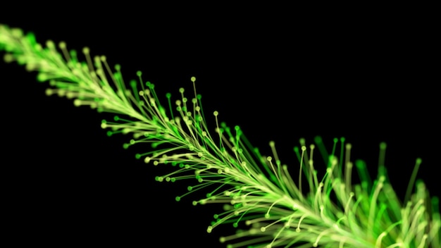 3D rendering of a stylish bright branch growing elegantly on a black background. Magical fabulous vegetation. The perfect background and element for any design