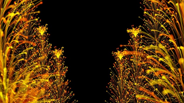 3D rendering of stylish bright branches on a black background, which form an elegant frame. Magical fabulous vegetation. The perfect background and element for any design