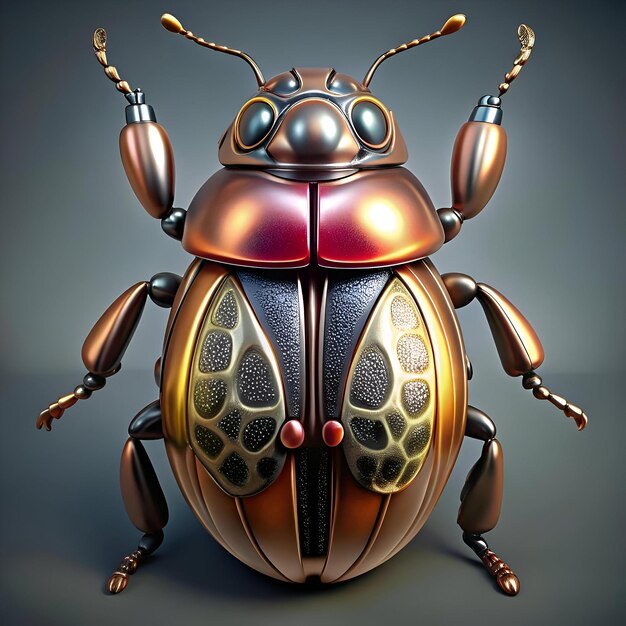 A 3D rendering of a stylized beetle with intricate metallic details