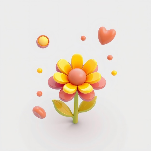 A 3D rendering of a stylized flower with petals and a heart