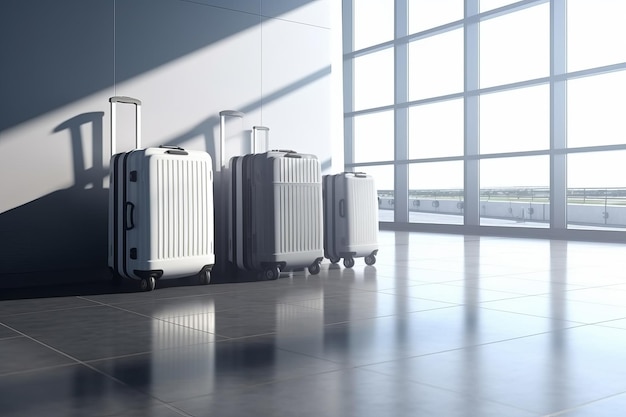 3D rendering of suitcases in an airport representing the concept of travel Generative AI