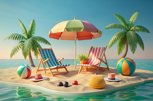 3d rendering of summer vacation concept with colorfull summer elementsminimal style3d render