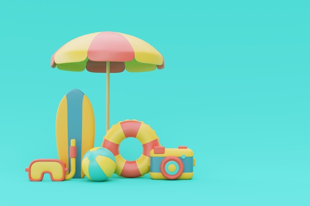 3d rendering of summer vacation concept with Surfboard and summer elementsminimal style3d render