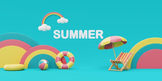 3d rendering of Summer vacation conceptcolorfull podium display with summer elementsclouds and rainbow minimal style3d render