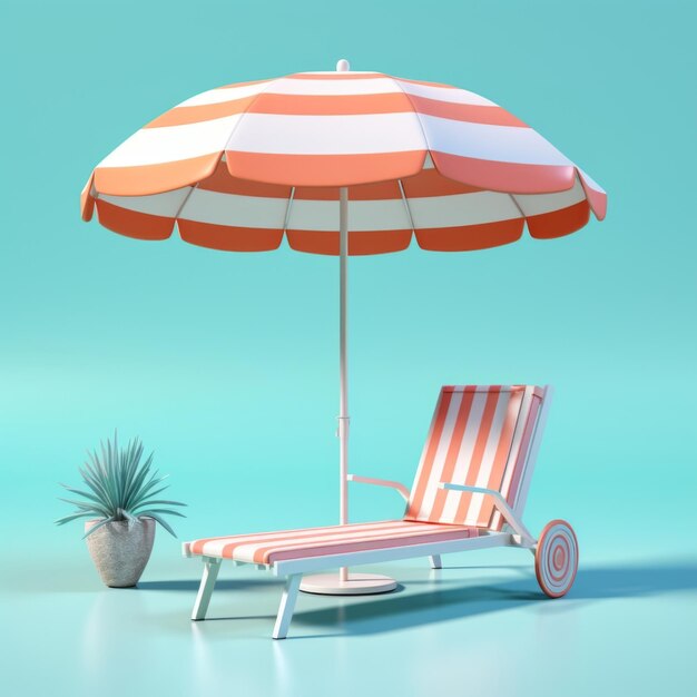 3D rendering of a sun lounger and a beach umbrella in pastel colors