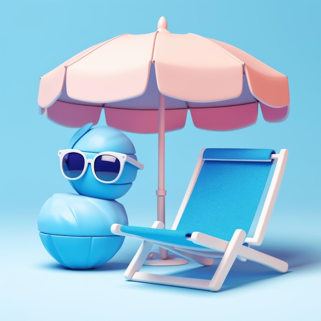 3D rendering of a sun lounger and a beach umbrella in pastel colors