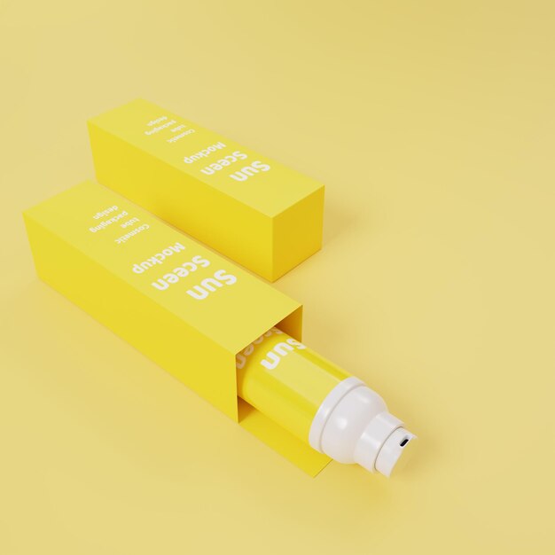 3D rendering sun screen open packaging on yellow background