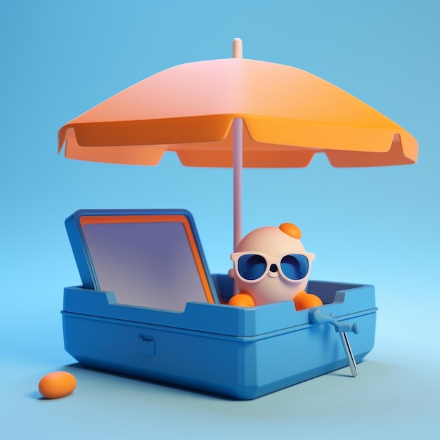 3D rendering of a sun wearing sunglasses under a beach umbrella in blue and yellow colors