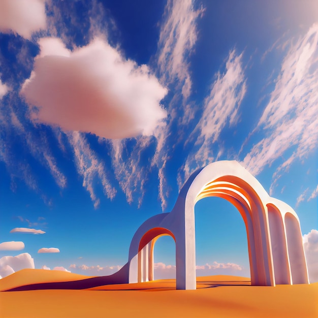 3D rendering -  Surreal desert landscape with yellow arches and white clouds in the blue sky