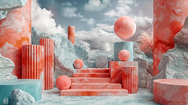 3D rendering of a surreal landscape with pink and blue geometric shapes