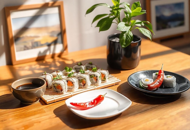 Photo 3d rendering sushi plate with black bowl soup on dining table