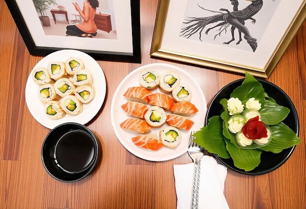 Photo 3d rendering sushi plate with black bowl soup on dining table