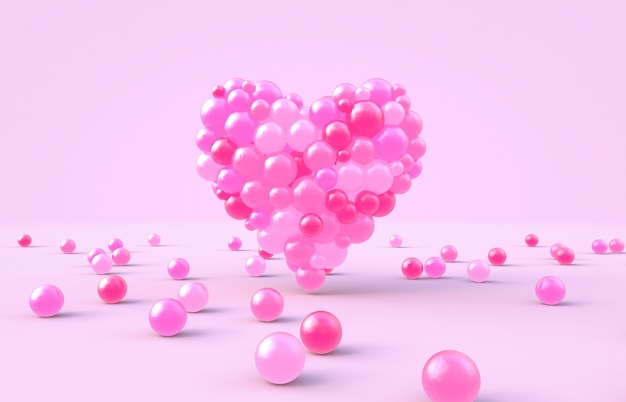 Photo 3d rendering. sweet valentine's day heart shape with pink candy balls backdrop