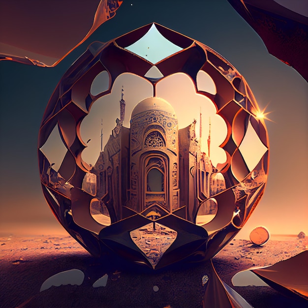 3d rendering of the Taj Mahal in a glass ball on the desert