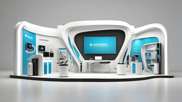 3d rendering of tech theme exhibition booth on white background