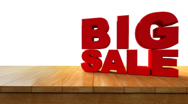 3D rendering of text big sale on a Perspective Wooden board isolated on white background .