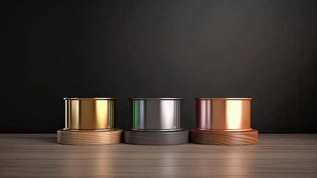 3d rendering of three metal cans in front of a black wall