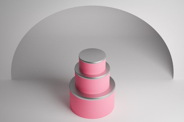 3D rendering three-tier wedding cake. Ð¡lose-up of the pink isosceles pyramid, pedestal. A scene from circles on a white wall