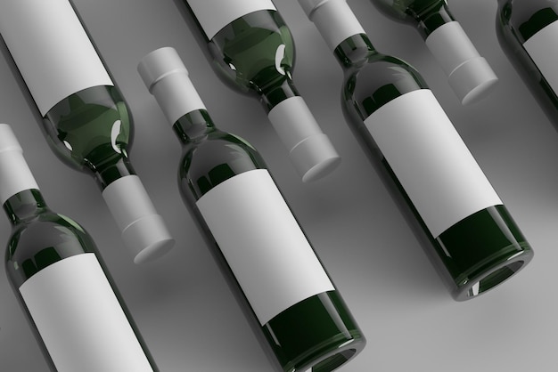 Photo 3d rendering top view mockup of bottles of wine champagne with blank label with place for design