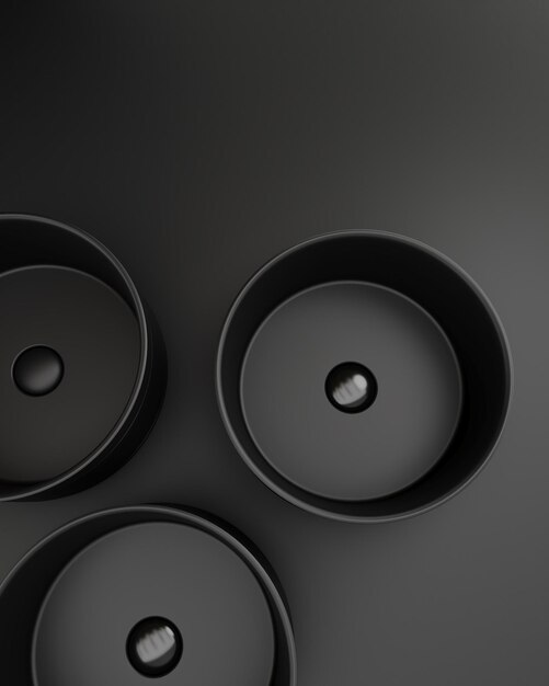 3d rendering of top view of round sink standing on black background.