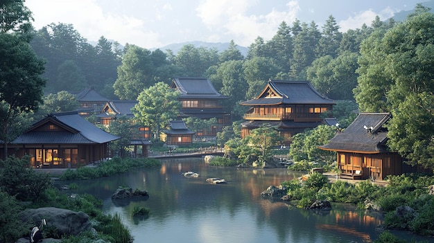 A 3D rendering of a traditional Japanese temple complex nestled in a serene forest showcasing its intricate wooden architecture and peaceful surroundings