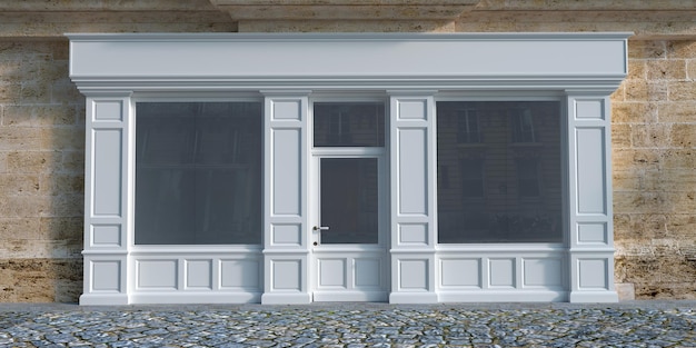 3D rendering of a traditional storefront faÃ§ade with white wood.