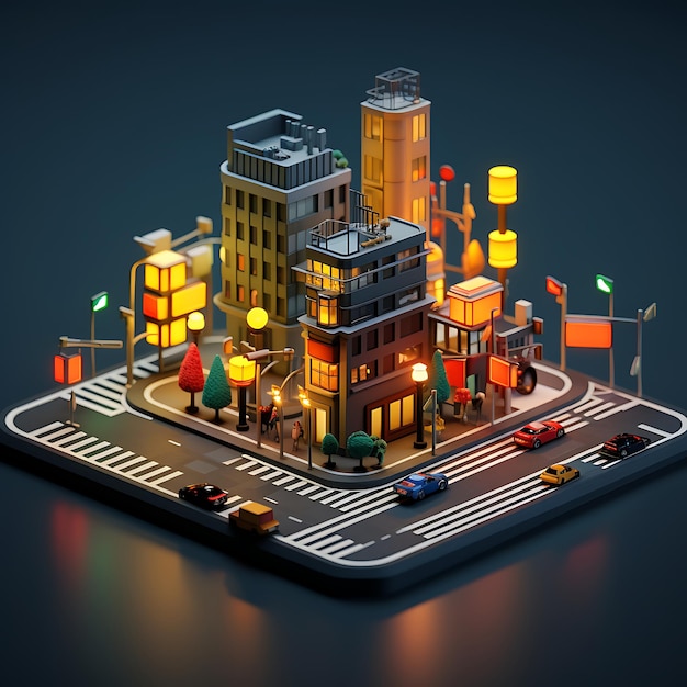 3d rendering of traffic lights city isometric miniature