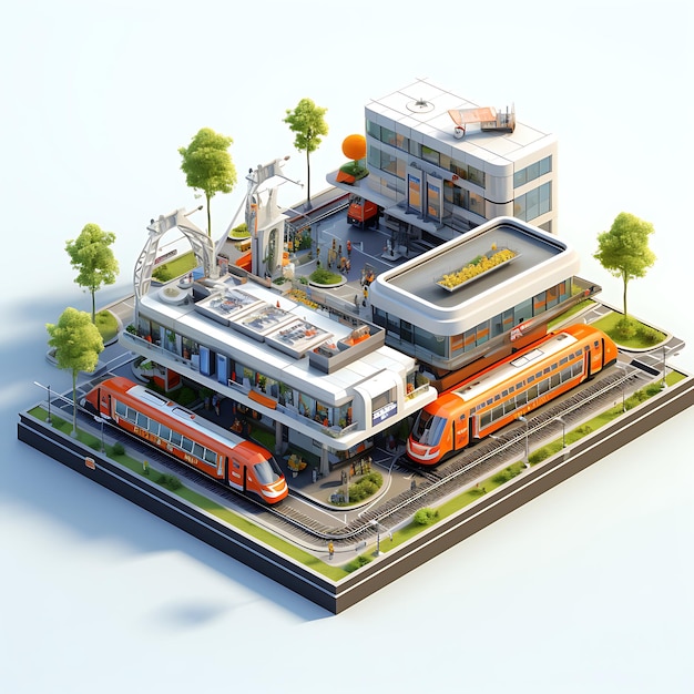 3d rendering of Train Station city isometric miniature