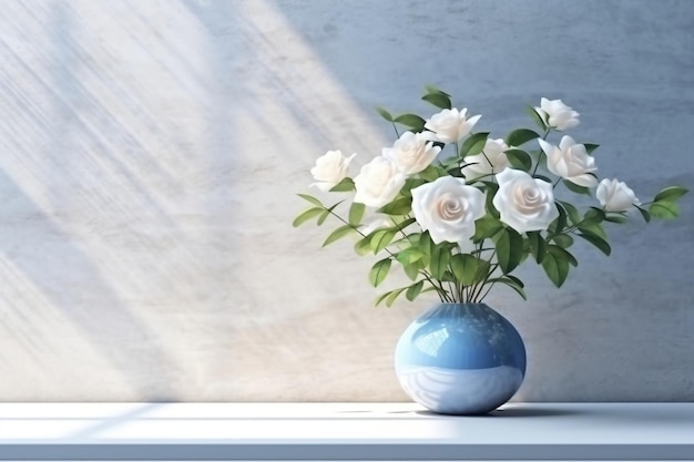 3D rendering of a transparent blue glass vase with white flowers Generative Ai