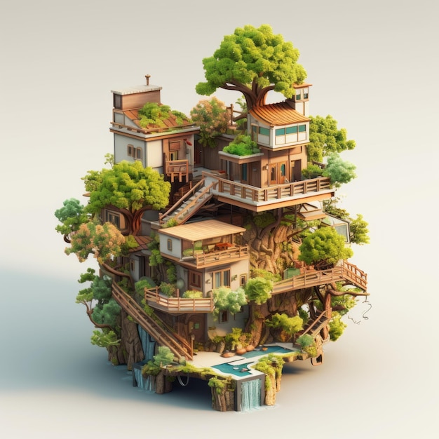 3d rendering of Tree House city isometric miniatur