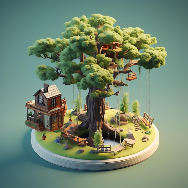 3d rendering of tree swing city isometric miniature