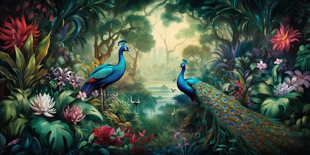 3D rendering of a tropical jungle with a peacock and leaves flowers and an arch in the distance Generative Ai