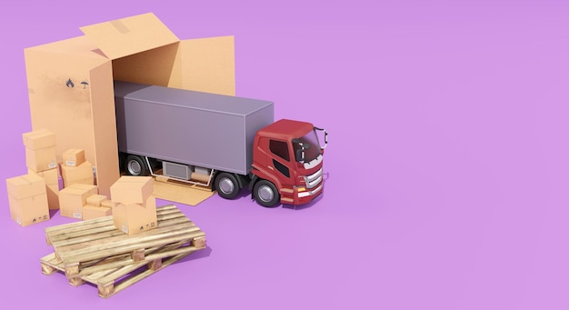 3D rendering truck is driving out of brown box. 3D delivery and logistic concept