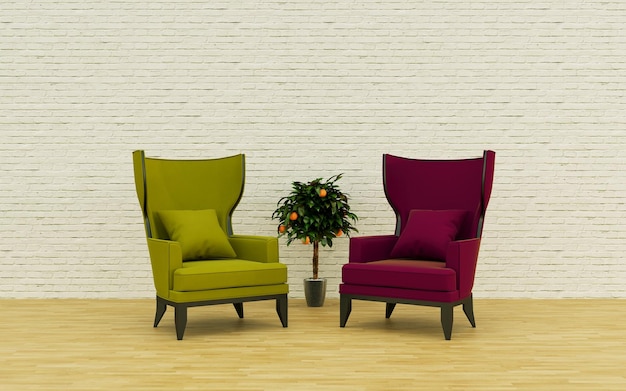 3D rendering of two bright armchairs with a houseplant. White brick wall in the background