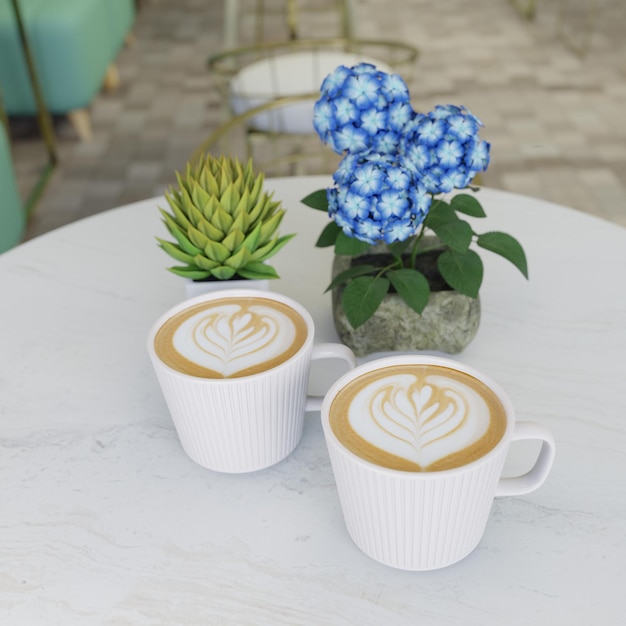 3D rendering two cups of hot coffee are placed on a white marble table