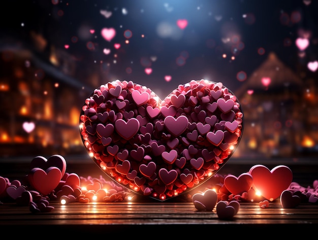 3d rendering of two neon red hearts Valentines Day background with text space