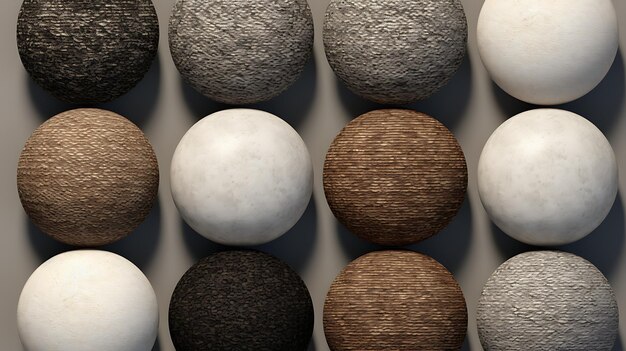 Photo 3d rendering of a variety of spheres with different textures including wood stone and fabric