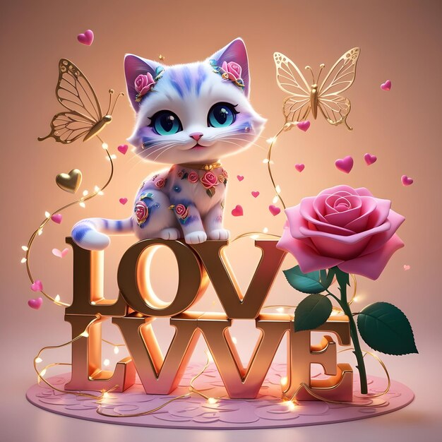 3D rendering of a vibrant and magical chibi cat adorned with a delicate rose theme