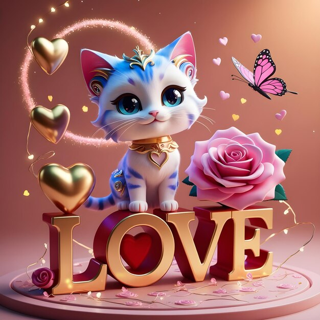 3D rendering of a vibrant and magical chibi cat adorned with a delicate rose theme