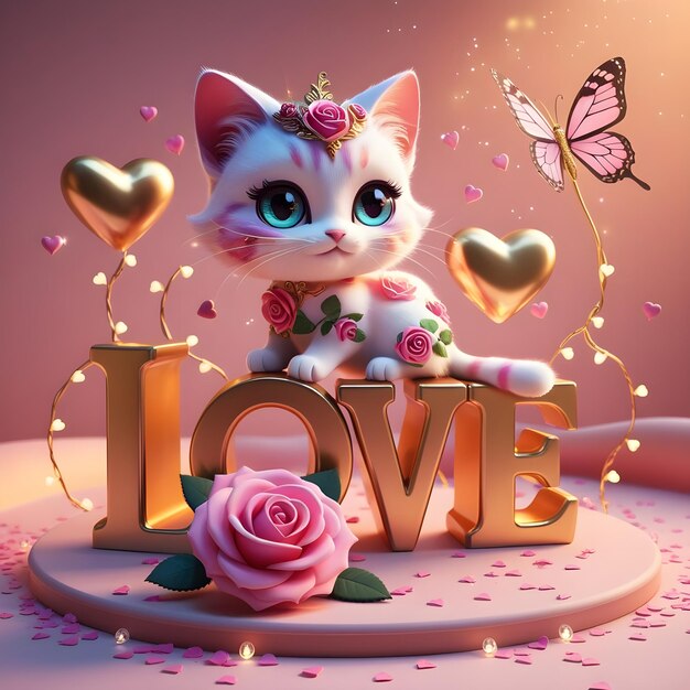 Photo 3d rendering of a vibrant and magical chibi cat adorned with a delicate rose theme