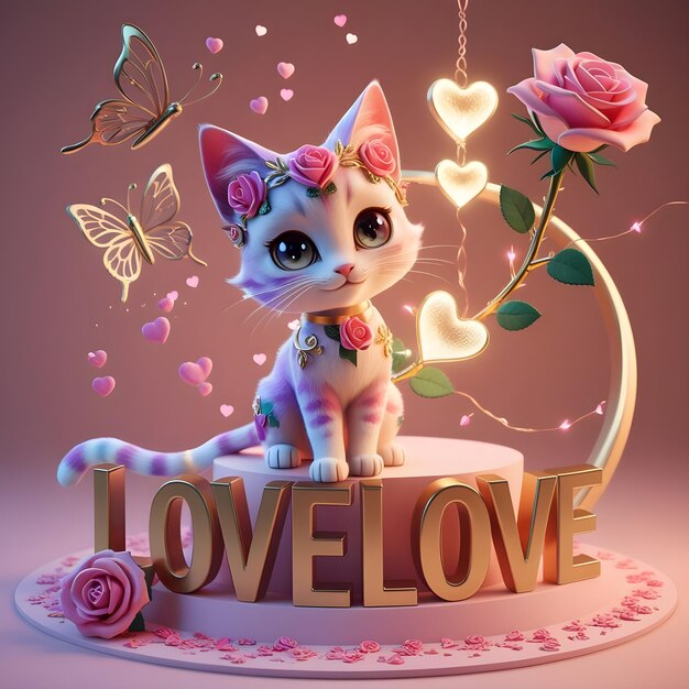 Photo 3d rendering of a vibrant and magical chibi cat adorned with a delicate rose theme