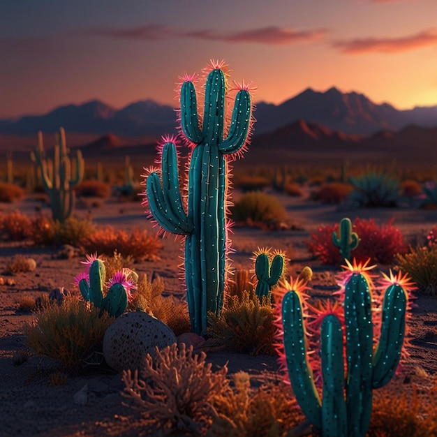 Photo 3d rendering vibrant neon cactus desert cinco de mayo